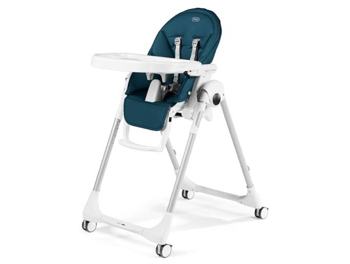 Peg Perego Prima Pappa Follow Me - Petrolio - Hochstuhl mit Baby-Liegefunktion und 4 Doppelrollem mit Bremsen, Lederimitat-Bezug, petrol
