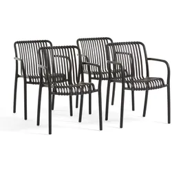 RATTATAN Set aus 4 Stühlen mit Armlehnen aus harzverstärktem Glasfaserharz,modernes Design,stapelbar für Garten,Bar,Restaurant,Küche–Simona–Schwarz