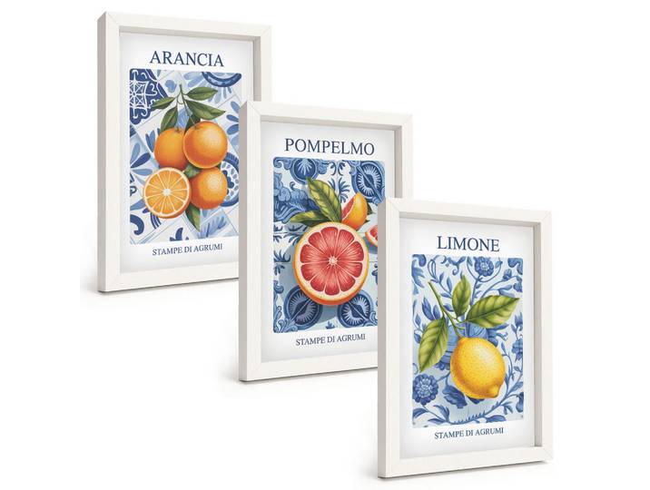 Tulup Bilder SET 3er Set - 20x30 cm Weißer Rahmen - Vintage-Illustrationen von Zitrusfrüchten, Kunststoff, Rechteckig, 20x30 cm, gerahmt, Bilder & Rahmen, Bilder
