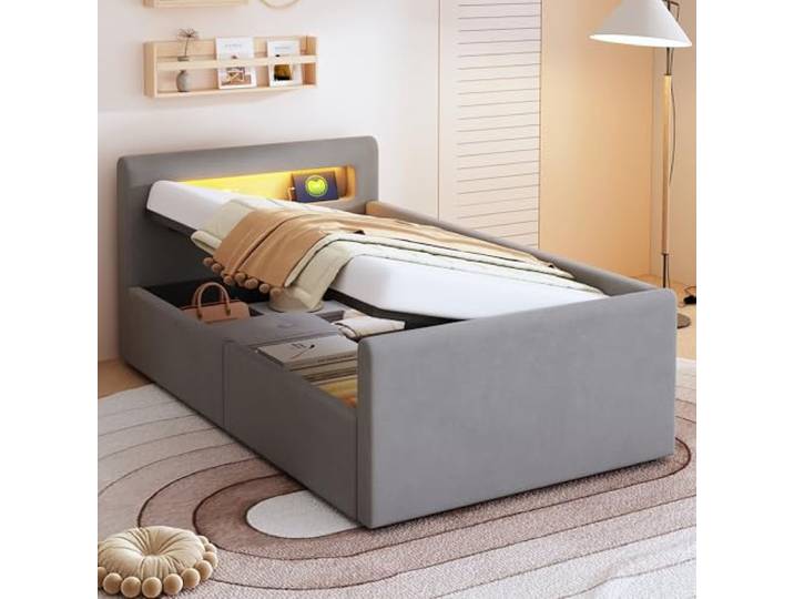 FAVSH Polsterbett 90x200 cm, Kinderbett mit LED-Beleuchtung, USB-Ladeanschluss und Nachtlicht,Jugendbett mit Samtbezug, Lattenrost und hydraulischem Stauraum,Einzelbett für Jungen und Mädchen,Hellgrau