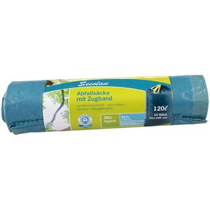 Secolan Müllsäcke 120 Liter, mit Zugband, stark, schwarz/blau, 10 Stück