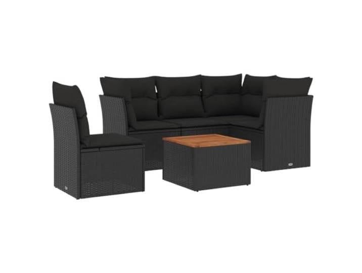 KTHLBRH Gartenmöbel-Set, 6-teilig, Polyratan, schwarz, mit Kissen Eck- und Mittelsitz, Beistelltisch aus Akazienholz, abnehmbare Kissen, UV-beständig, verstellbare Füße, modulares Design