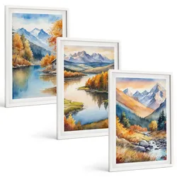 BILDER SET 3er Set - 40x60 cm Weißer Rahmen - Gebirgsflüsse, Herbstbäume