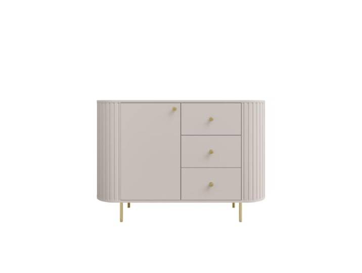 Kommode Ovalio 123X85,4X42,3 cm, mit Regalen und Schubladen, Sandbeige Modern Sideboard mit Geräumige Schränke und Schubladen, Minimalistische Form mit Sorgfältiger Fräsung