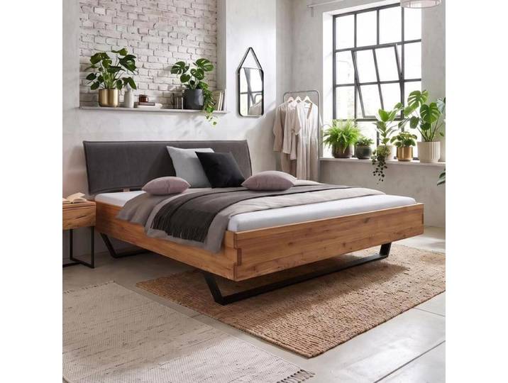 Bett Valera Wildeiche Massivholz 180x200cm industrial, Mit Kopfteil höhenverstellbar