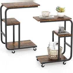 COSTWAY C‐förmiger Beistelltisch, platzsparender Sofatisch mit offenen Ablagen, Metallrahmen, Braun