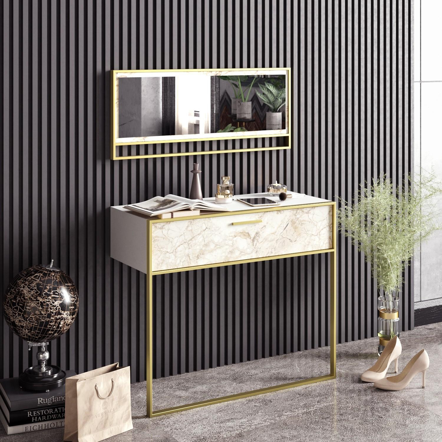 Skye Decor Elegante Salontafel met Spiegel, Goud en Wit, Breedte: 90 cm
