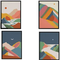 POSTER Set mit 4 bunten Motiven Nacht und Tag, Berge A3 Schwarzer Rahmen