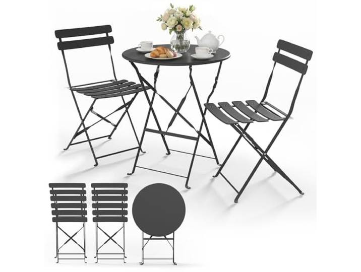vounot® Ensemble de Bistrot Pliant Mobilier de Jardin en Métal 3 Pièces avec 1 Table et 2 Chaises Résistant aux Intempéries et aux UV pour Balcon Terrasse et Jardin Gris