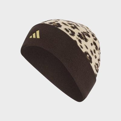 Beanie ADIDAS SPORTSWEAR "LEO GRAFIK BEANIE", Damen, braun (crystal linen, schwarz braun, gold metallic), Obermaterial: 96% Polyacryl, 3% Polyamid, 1% Elasthan, Mützen Beanie, sportliche Beanie, mit Leo-Grafik, aus glatt gestricktem Material