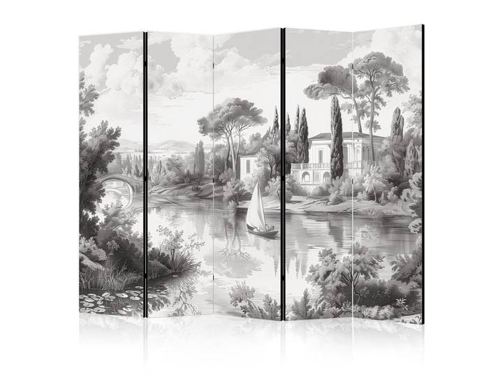 Muralo Paravent Akustik 5-tlg 225x172 cm Retro Fluss Landschaft, Grau, Holz, Baum/Pflanze/Natur, Rechteckig, 225x172x3 cm, Wohnzimmer, Raumteiler, Paravents