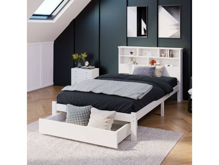 Lit simple avec tiroirs - Bois massif - 90x200 cm - Blanc - Tiroirs de rangement - Étagère intégrée