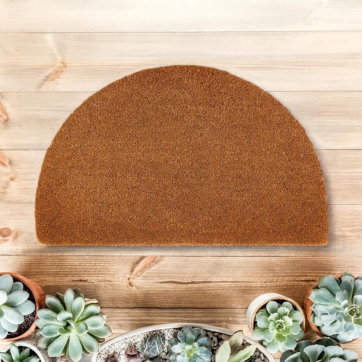 Kokos deurmat halfrond in naturel met antislip vinylrug, 60 x 90 cm