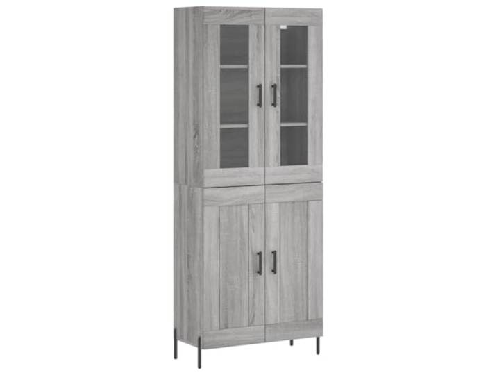 Roanoer Highboard Grau Sonoma 69,5x34x180 cm Holzwerkstoff Schrank Highboard in Grau Sonoma mit Glas und Metallfüßen für Wohnzimmer und Flur, 2-teiliges Set bietet viel Stauraum.