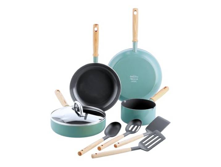 GreenPan Mayflower Gesundes keramisches Antihaft-Kochgeschirr Topf- und Pfannenset, 9-teilig, Vintage-Holzgriff, PFAS-frei, Induktion, rauchblau, blau