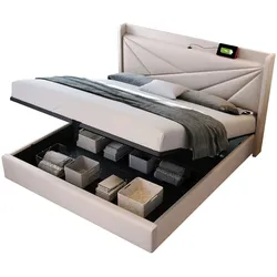 Polsterbett 140x200 cm mit Stauraum und USB Typ C Ladefunktion – Modernes Design und hoher Komfort Beige