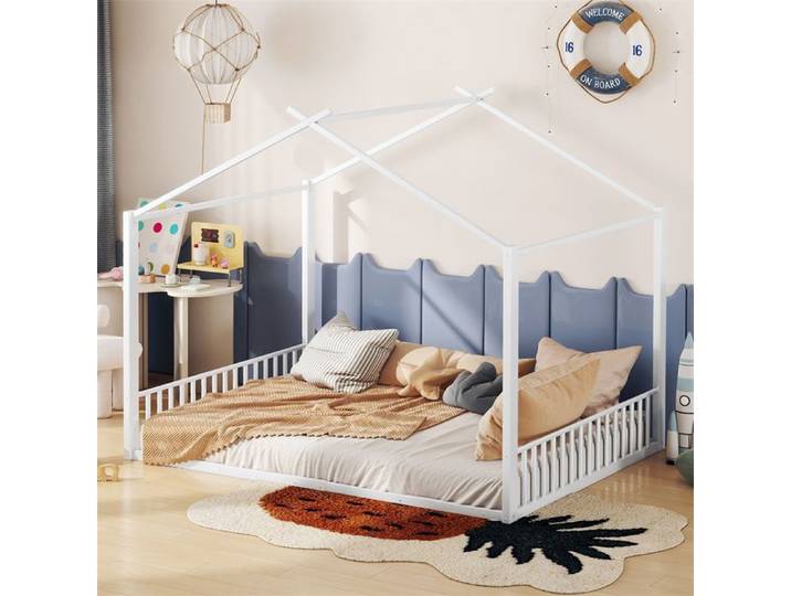 Lit - SINGULARITY - Lit maison 140 x 200 - Cadre métal & MDF - Sans matelas - Blanc