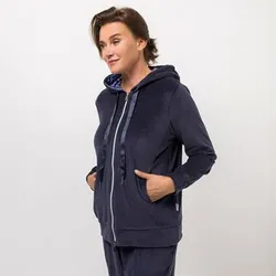NACHTIGALL Homewear Damen-Jacke m. Kapuze 2-Wege-Reißverschluss Baumwoll Nicky leger weit