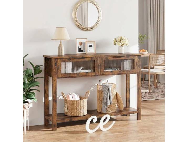 CONSOLE Console meuble Table Console d'Entrée avec 2 Tiroirs en Verre Cannelé pour Salon et Entrée Brun Rustique 110x30x80 cm