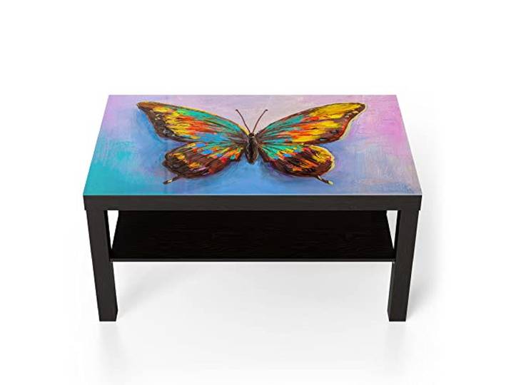 DEQORI Glastisch schwarz groß 90x50 cm Motiv Bunter Schmetterling ausgefallener Beistelltisch aus Glas Hochglanz Couchtisch fürs Wohnzimmer moderner Couch Tisch mit Design