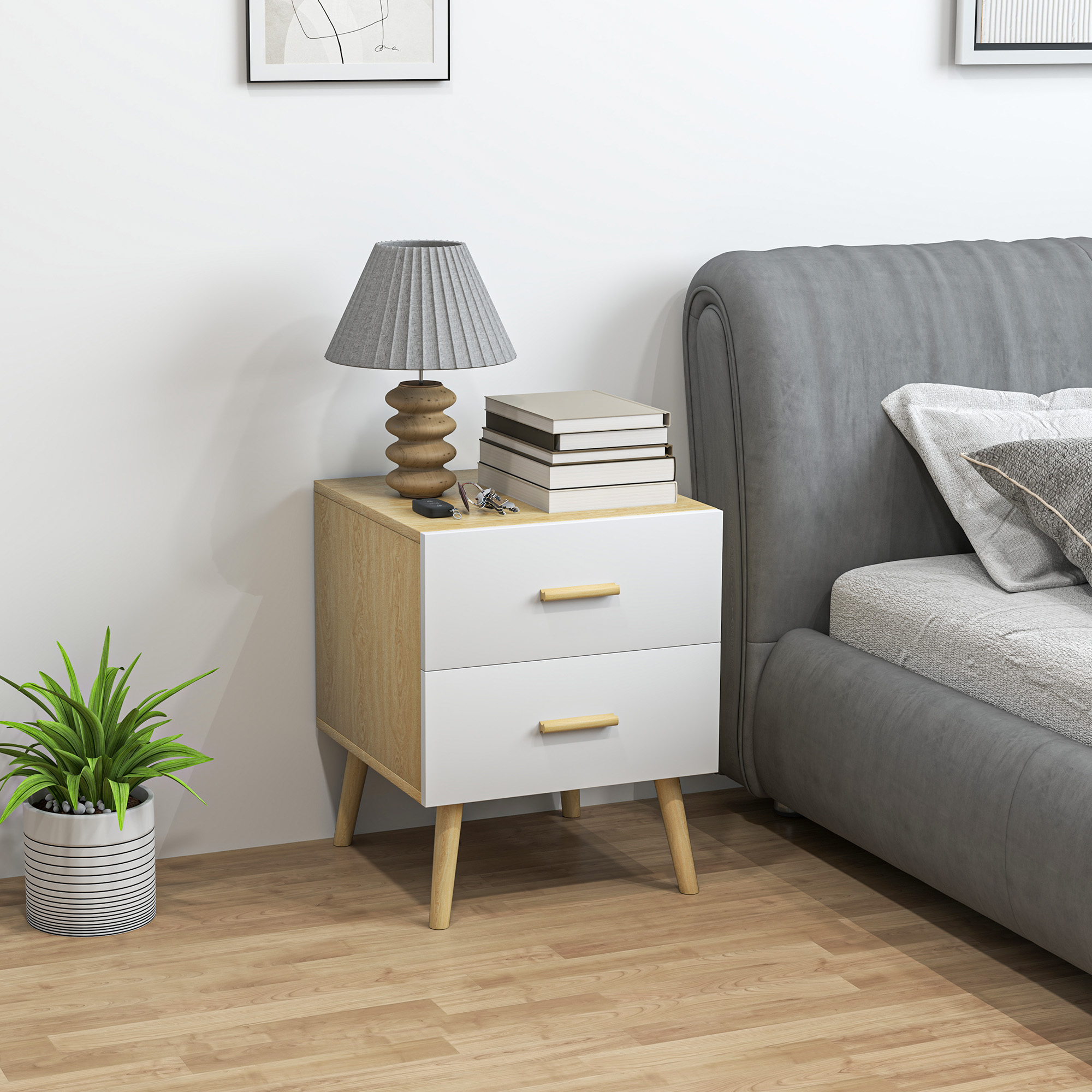Homcom Comodino con 2 Cassetti in Legno in Stile Scandinavo, 40x40x50 cm, Rovere   Aosom Italy