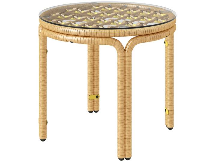 Table d’appoint en polyrattan, table basse ronde avec plateau en verre, table de chevet, table de jardin, meubles de jardin, table basse, table de canapé
