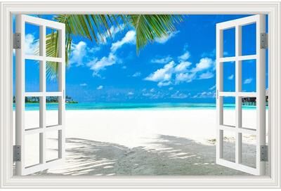 Uplift Picks 3D Beach Window Wall Sticker Ocean View Self Adhesive Wall Mural Decor 14 80x120cm 32x48inch