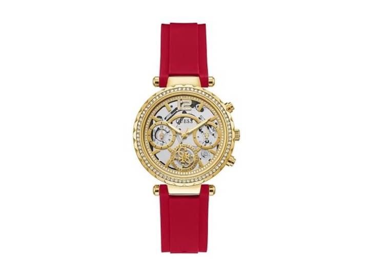 Guess US dames goudkleurig en rood siliconen multifunctioneel horloge, Rood, riem