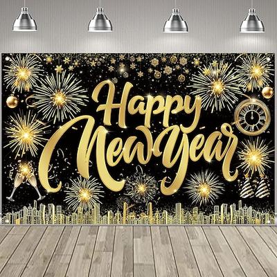 Silvesterparty mit schwarz-goldenen Dekorationen und Pailletten-Hintergrund – glitzerndes schwarz-goldenes Stoffbanner für die Neujahrsparty 2026, Fotoautomat Feiertagsdekoration