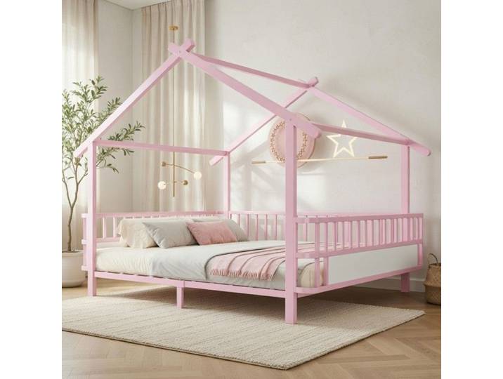 CollaHausse Lit Maison Métal Enfant 140x200cm Rose avec Barrières de Sécurité et Cadre Décoratif
