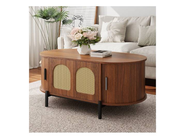 Fine Life Pro Couchtisch Ovaler Couchtisch, Rattan, Schiebetüren, Metallbeine, Multifunktionaler Wohnzimmertisch, modern & natürlich elegant