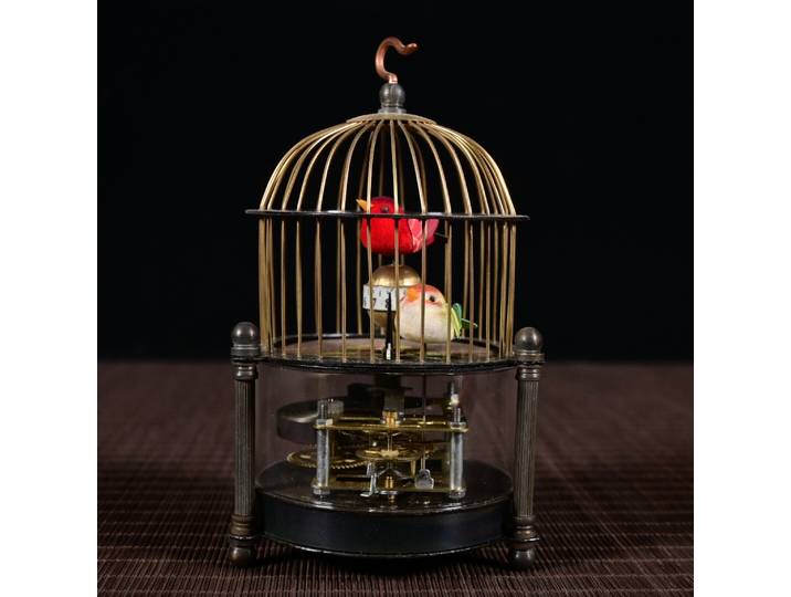 Antique ronde double cage à oiseaux mécanique en cuivre montre ornement pilier en cuivre montre mécanique horloge de bureau ornement