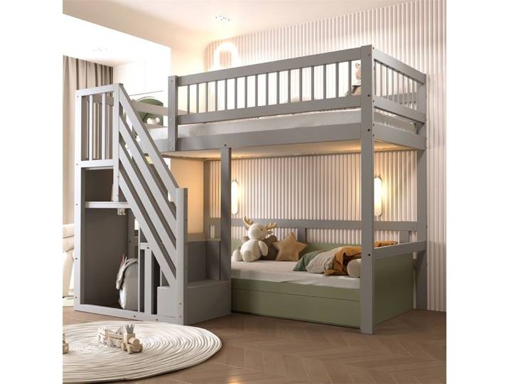 Lit Enfant 90x200cm - Lit Surélevé avec Escalier de Rangement et Cadre en Bois Massif – Style Moderne et Pratique – Gris
