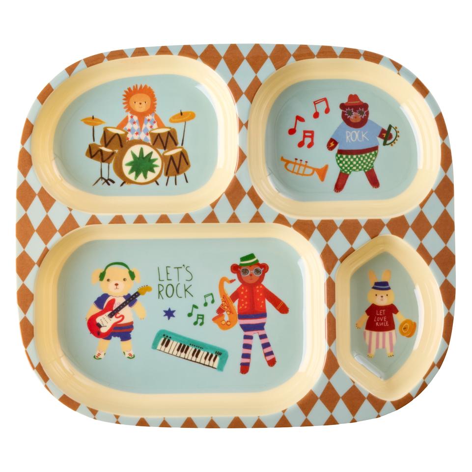 Rice - Melamine Kids 4 Room Plate with Music Band Print - Blue - 21 cm x 21 cm (5708315281521)