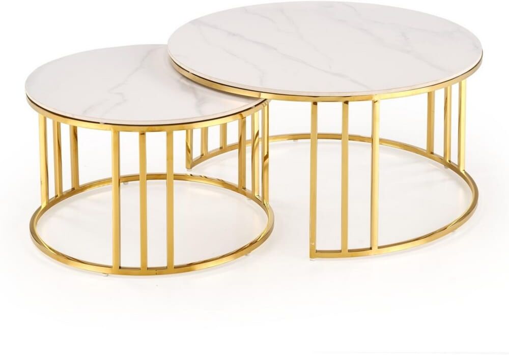MSO Ensemble de 2 tables basses gigognes rondes dorées et marbre blanc Blanc 80x38x80cm