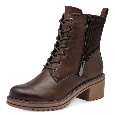 Schnürstiefelette MARCO TOZZI "LUTTER", Damen, Gr. 37, Textil, braun, Lederimitat, Textil, used, Basic, Schuhe Schnürstiefelette, Blockabsatz, Ankle Boots mit Reißverschluss und Textil-Einsatz