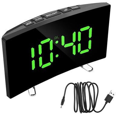 Uplifted Finds 7 Inch Curved LED Mirror Clock   Dimmable Digital Alarm & Large Number Table Decor green