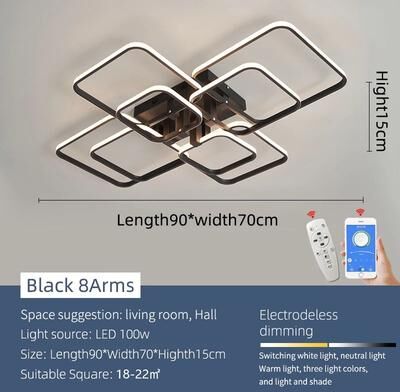 Inspire Select Modern Dimmable LED Chandelier Ceiling Light With Remote & App Control Black & White Acrylic Aluminum Fixture 8 Arms Black Square dimmable Rc With App