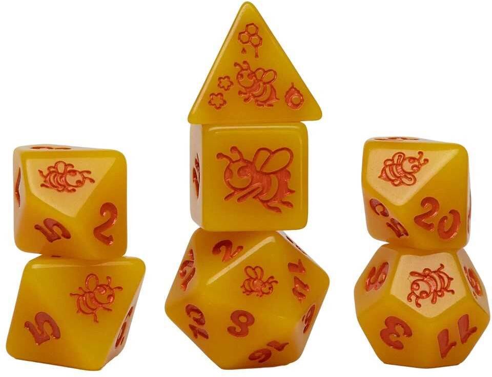 Sirius Dice Golden Buzz Animal Dice Set - Yellow Polyhedral Dice with Red Numbering - 20-sided/12-sided/10-sided/8-sided/6-sided/4-sided/2-sided