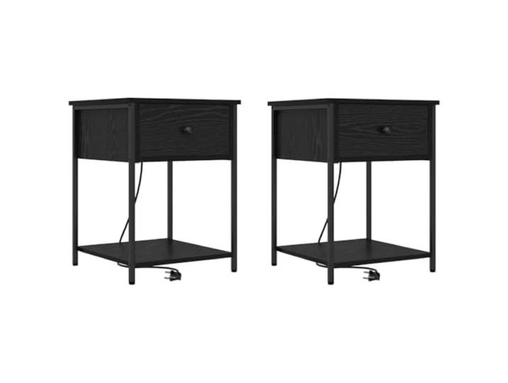 fsahslih Nachttisch 2er Set Schwarz Eichen-Optik 42x41x56 cm Beistelltisch Kompakter Bettisch fürs Schlafzimmer aus Holzwerkstoff und Stahl mit Ladestation, Schublade und Fach für mehr Ordnung.