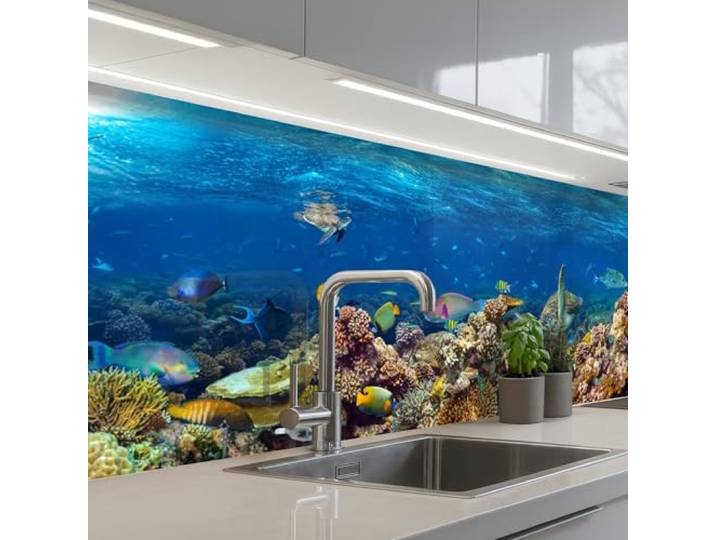 KitchenYeah© Spritzschutz Küche Küchen Rückwand Küchendeko Wand Wandschutz 80x300 cm - Selbstklebend Backsplash Kitchen Peel And Stick Unterwasserlandschaft - Fische - Schildkröte - Blau