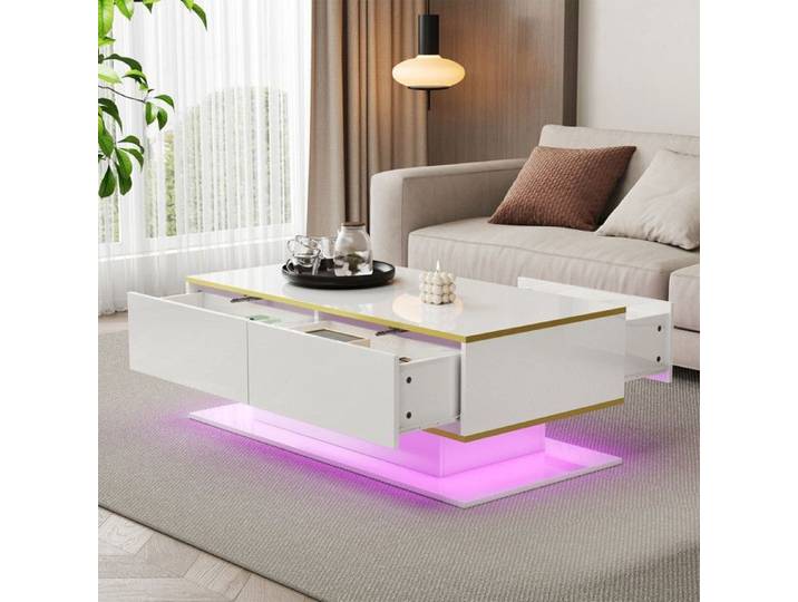 Luscriate - table basse rectangulaire -moderne LED finition brillante 3 tiroirs compartiment ouvert - 100x50x40cm - blanc doré