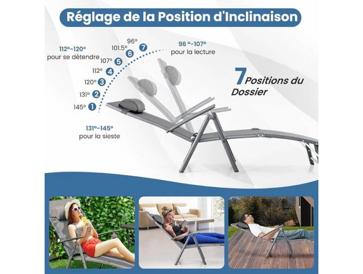 GIANTEX Chaise Longue Pliante avec Dossier Réglable à 7 Niveaux avec Accoudoir et Repose-tête-Transat Jardin Charge 150 KG Gris