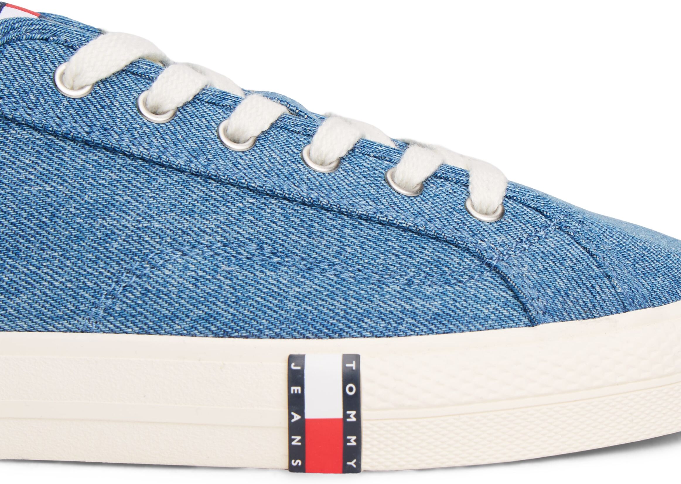 Plateausneaker TOMMY JEANS "ARCHIVE Y2K DENIM", Damen, Gr. 42, blau (denim), Baumwolle, unifarben, used, Schuhe Plateausneaker, Schnürschuh, Halbschuh, Freizeitschuh mit Flagge im Plateau