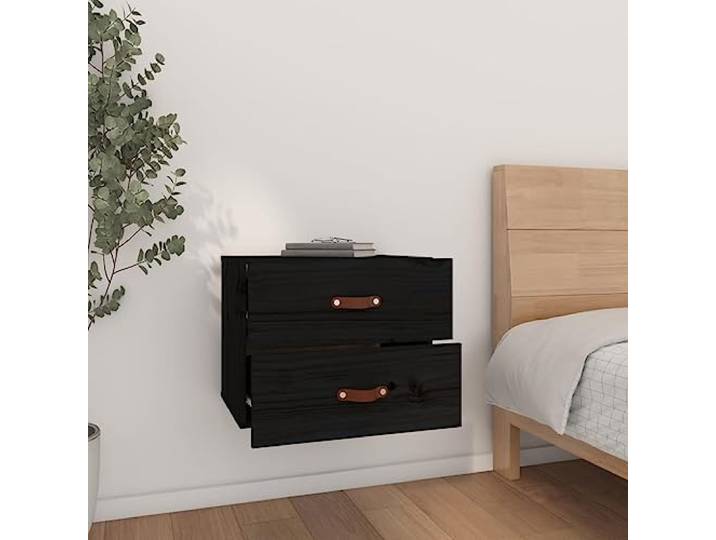KTHLBRH Nachttische zur Wandmontage, 2 Stück, Schwarz, Massivholz, 50 x 36 Hängendes Design, Wandmontage, stabile Platte, viel Stauraum
