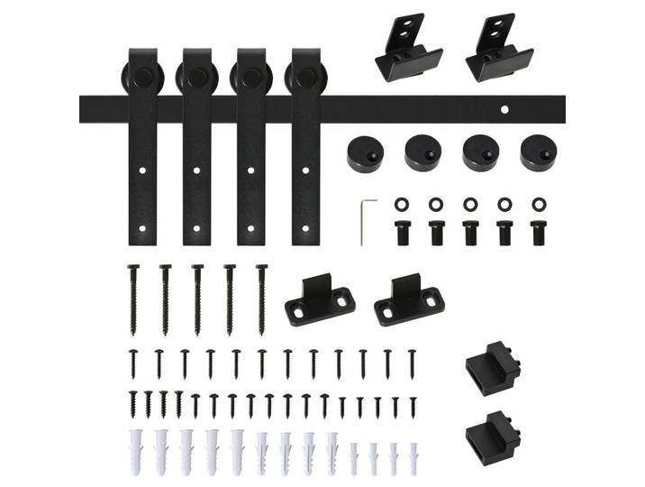 Homcom Schiebetürsystem Laufschiene für doppelte Holztüren Kohlenstoffstahl Schwarz, Metall, 0.6x18x200 cm, Schlafzimmer, Kleiderschränke, Schrankzubehör, sonstiges Schrankzubehör