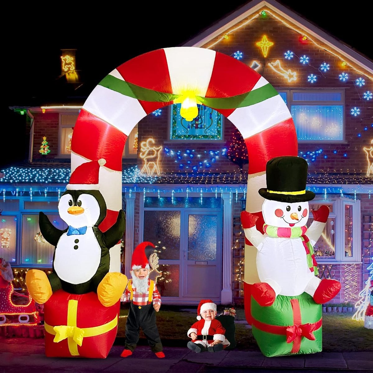 Opblaasbare kerstboog met pinguïn, sneeuwpop en geschenkdoos met LED-verlichting voor buitendecoratie