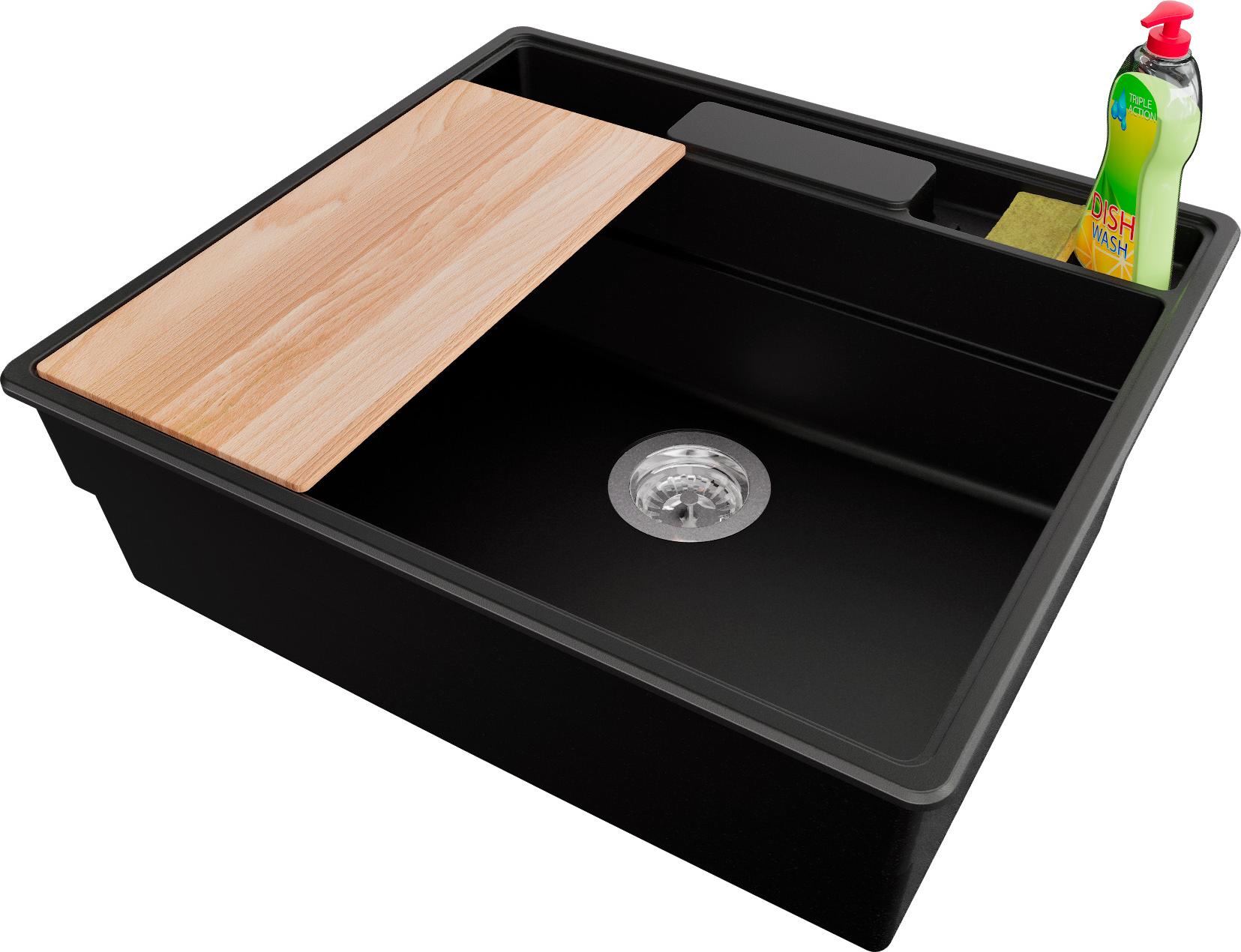 PRIMAGRAN Spülbecken Schwarz 58x53cm, Granitspüle 1 Becken + Ablauf-Set + Küchenzubehörset, Küchenspüle ab 60er Unterschrank - New York