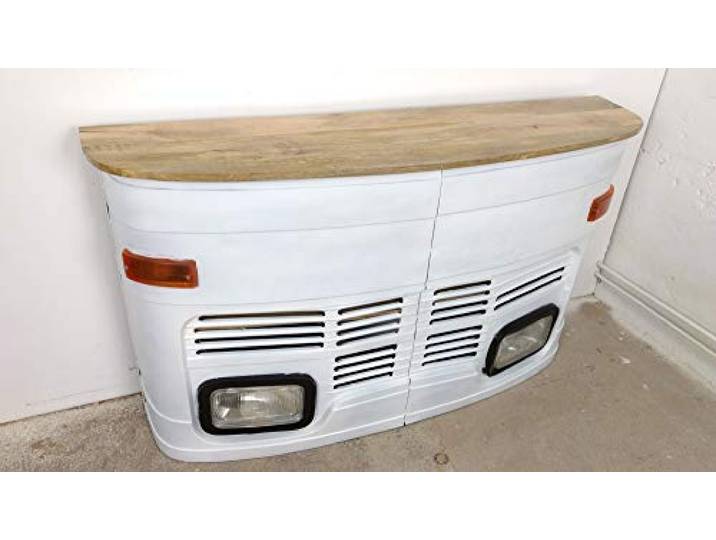 Theke Tata klein in weiß LKW Front - Tresen mit Beleuchtung - Verkaufstheke im Vintage Look für Rezeption oder Empfang - Empfangstresen aus Metall und Holz - Empfangstisch im LKW-Design Bartisch