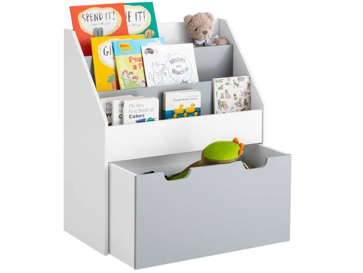 Étagère pour Jouets, 3 Compartiments Bibliothèque pour Enfants, Boîte à Jouets Mobile, avec Roulettes, Multi-Usage, pour Chambre d'enfant et Salle de Jeux, Blanc Gris